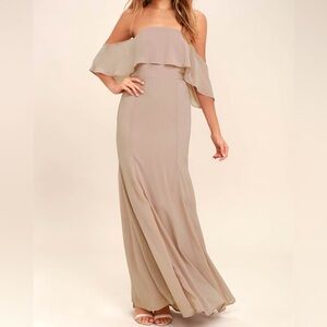 Lulu's Strapless Ruffle Maxi Dress in Taupe